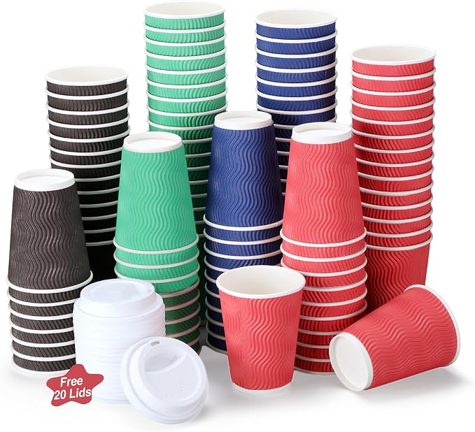 Disposable Wavy Insulated Cups, 12 Ounce, 98 Count, 20 Bonus Lids, for Hot or Cold Drinks, Assorted Colors