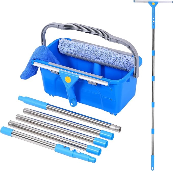Professional Window Cleaning Kit with Bucket 3 Gallon, 76" Long Handle Squeegee and Microfiber Scrubber, High Window Washing Equipment for Indoor Outdoor, Commercial, Home, Car