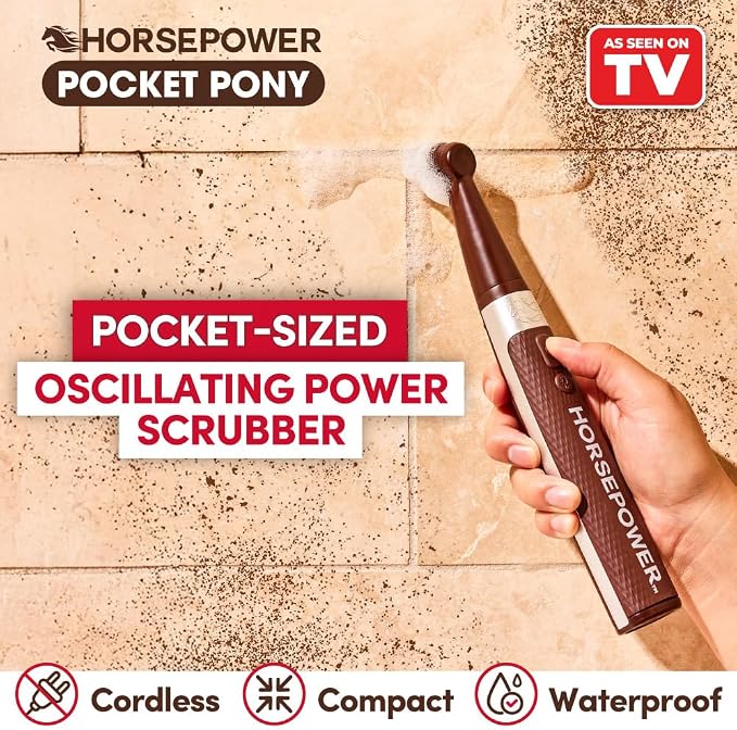 Horsepower Pocket Pony, AS SEEN ON TV, Waterproof, Cordless, Pocket-Sized, Oscillating Power Scrubber, Deep Clean, Tight Spaces, Rechargeable, Grout Lines, Corners & Detailing, 5 Brush Heads & LED