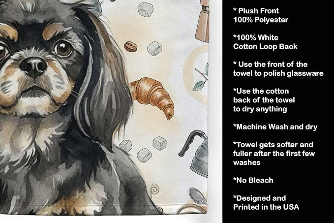 Caroline's Treasures Black and Tan Tibetan Spaniel Coffee Bar Kitchen Towel Velour Plush Front and Cotton Loop Back Machine Washable