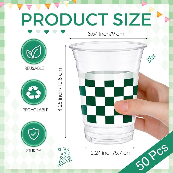 SiliFine 50 Pcs 12 oz Dark Green Checkered Plastic Cups Clear Disposable Gingham Plaid Party Cups for Baby Shower Golf Camp Parties Picnic Party Decorations