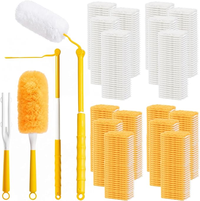 200 Pcs Disposable Dusters Refills Bulk Heavy Duty 360° Dusters Refill with 3ft Extended Handle and Short Handle, Multi Surface Replacement Duster Kit for Cleaning Ceiling Fan (Orange,White)