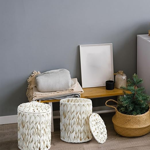 Ctosree 1.3 Gallons Small Trash Can with Lid Handle Boho Woven Braided Bathroom Waste Basket Trash Can with 100 Garbage Bags for Bedroom Office Laundry(Braided Polypropylene, Cream White)