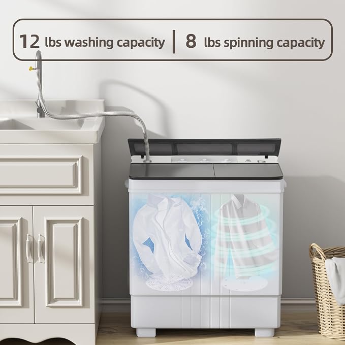 Elevon Portable Washing machine, 20lbs Mini Compact Laundry Washing Machine, Twin Tub 12lbs Washer & 8lbs Spinner, Clothes Washer Machine with Drain Pump for Apartment, Dormitory and RVs