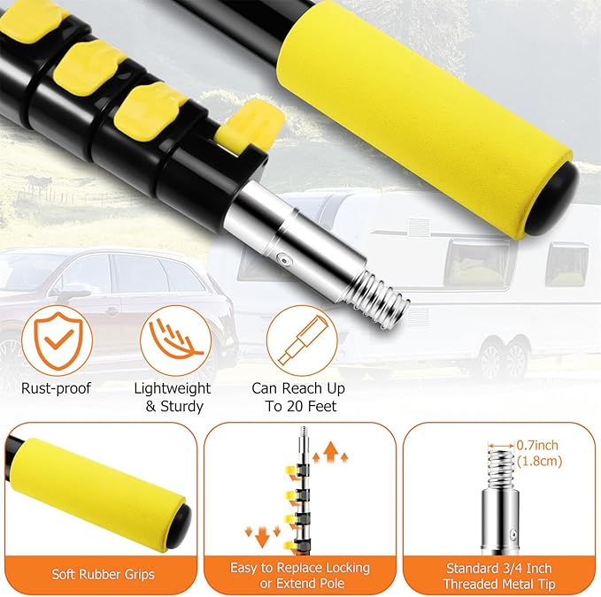 Car Wash Brush,12FT Car Wash Brush with Long Handle, Car Cleaning Brush 10-Inch Soft Bristles, 3-12Foot Telescopic Pole for Scratch-Free Cleaning Truck,RV, Boats,House Siding,Floors,Solar Panels