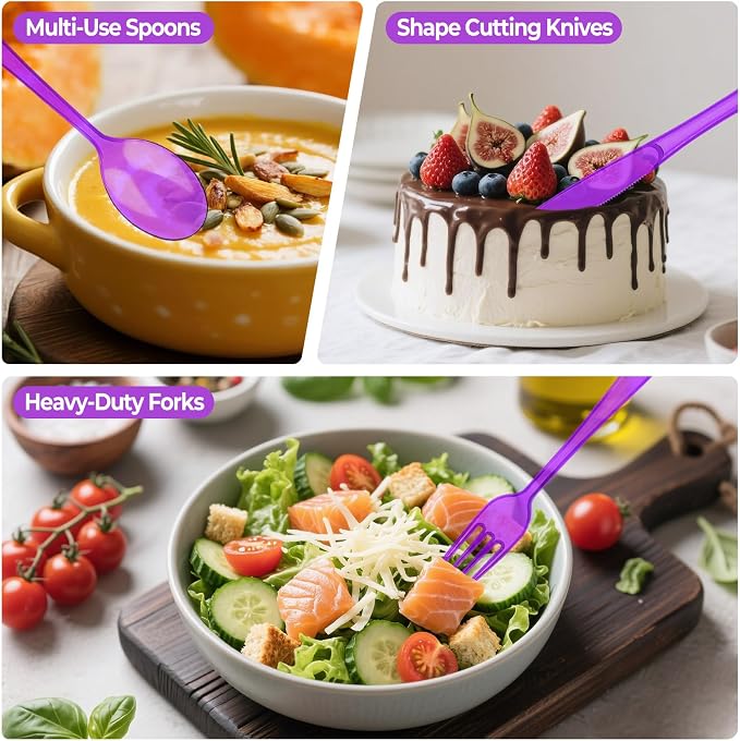 75 PCS Plastic Silverware Disposable Silverware Heavy Duty Utensil Sets 25 Of Each Forks Knives & Spoons Disposable Cutlery Set For Easter,Birthday,Baby Shower,Garden Party,Wedding(75,Purple)