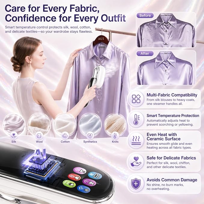 Portable Travel Steamer for Clothes, 1200W Handheld Garment Steamer with 20s Fast Heat-Up, 2-in-1 Steam Iron for Vertical & Flat Ironing, 6 Fabric Modes, Self-Cleaning, 160ml Tank