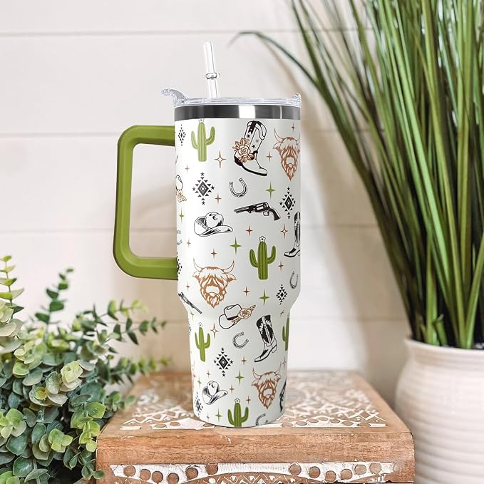 Ceovfoi 40 Oz Western Tumbler With Handle, Cow Skull Coffee Travel Mug Cup Water Bottle, Western Decor, Gifts for Women