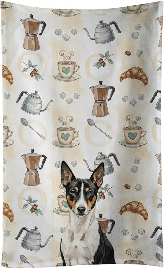 Caroline's Treasures Black and White Basenji Coffee Bar Kitchen Towel Velour Plush Front and Cotton Loop Back Machine Washable