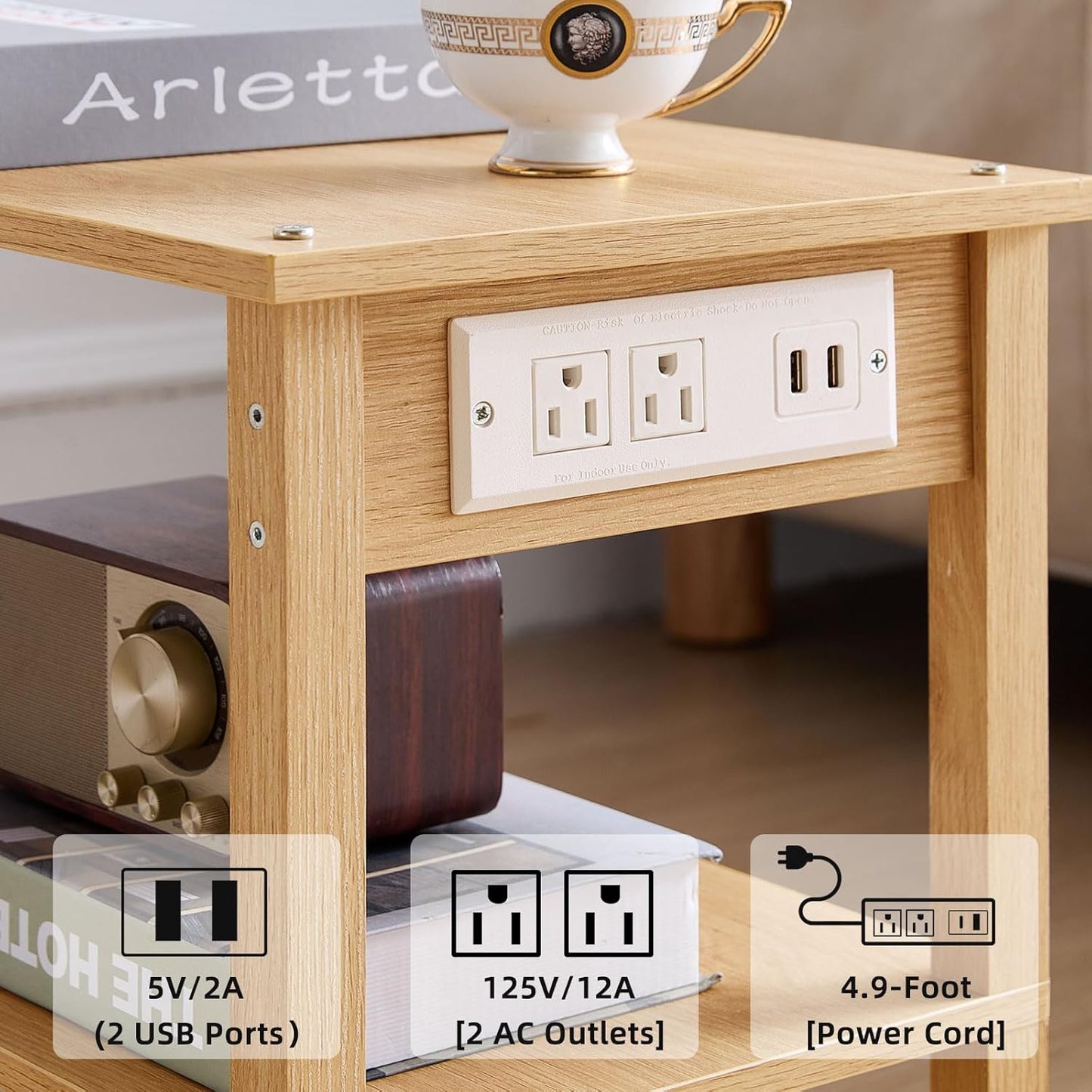 Lerliuo Under Desk Printer Stand with Charging Station, 2 Tier Wooden Small Printer Table with Storage, Rolling Printer Cart Shelf with Lockable Wheels for Home, Office (Natural)