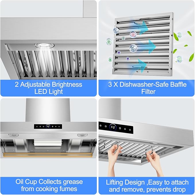 36 inch Range Hood Wall Mount, 1200 CFM with 4-Speed Gesture Sensing & Touch Control, Stainless Steel Kitchen Stove Vent Hoods with 2 LED Lights, Time Setting, Dishwasher-Safe Baffle Filters