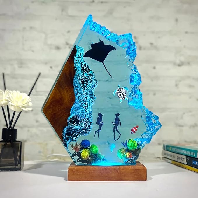 Scuba Diving Resin Ocean Lamp,Handmade 3D Ocean Night Light With Woodden Base,Variable Lights, Scuba Diver Gifts, Diving Enthusiast Collectibles, Unique Birthday Holiday Gifts for Men & Women(M 8"x5")