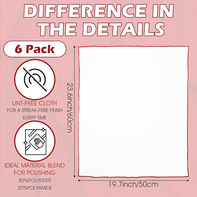 6 Pack Premium Microfiber Wine Glass Polishing Cloths, Large Lint-Free Drying Towels for Glasses, Stemware, Glassware, Camera Lenses, 23.6 Inch X 19.7 Inch (White)