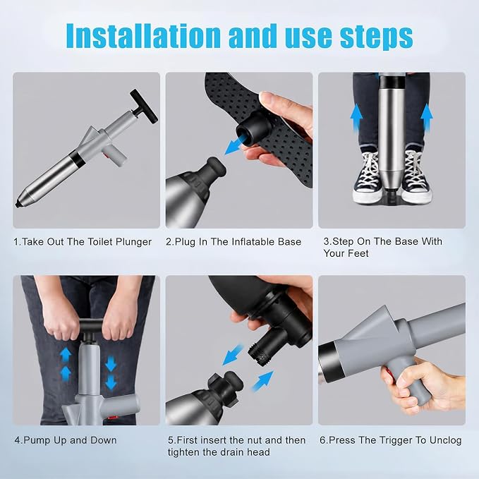 Fast Toilet Plunger High Pressure with Storage Bag, Heavy Duty Air Drain Blaster & Unclogger Tool, Clog Remover Kit & Toilet Snake Alternative for Bathroom, Toilets, Sinks, Tubs, Pipes (Gray)