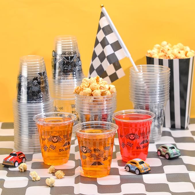 Uiifan 50 Pcs Racing Party Decoration 12 oz Race Car Cups Bulk Checkered Flag Disposable Plastic Cups Black White Party Supplies for One Two Fast Birthday Decorations