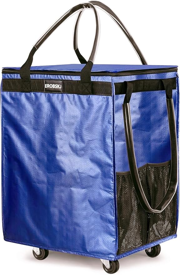 (Medium, Navy) Reusable Grocery Bag on Wheels, 70L Foldable Rolling Tote, Extra Storage for Shopping, Zipper Clouser Shopping Carts for Groceries, Laundry, Organization, Moving,4 Heavy Duty Wheels | Bag on Wheels
