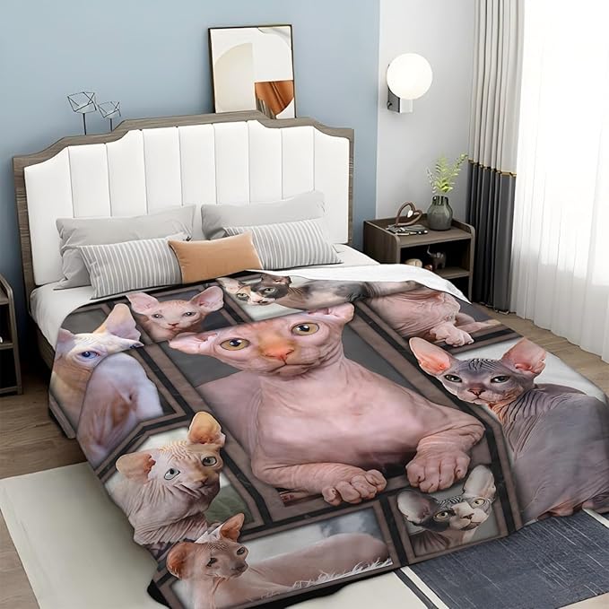 Tijuboni Sphynx Cat Throw Blanket Cat Gifts for Girls Boys Women Men Kids Adults Soft Flannel Fleece Blanket for Couch Sofa Bed Home Decor 60"x80"