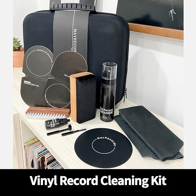 sdroceRyaM Vinyl Record Cleaning Kit 9 -in-1 Vinyl Records Cleaner Kit Soft Velvet & Record Brushes, LP Cleaning Brush, Anti-Static Microfiber Cloth, Record Mitts, Needle Brush, Storage Box