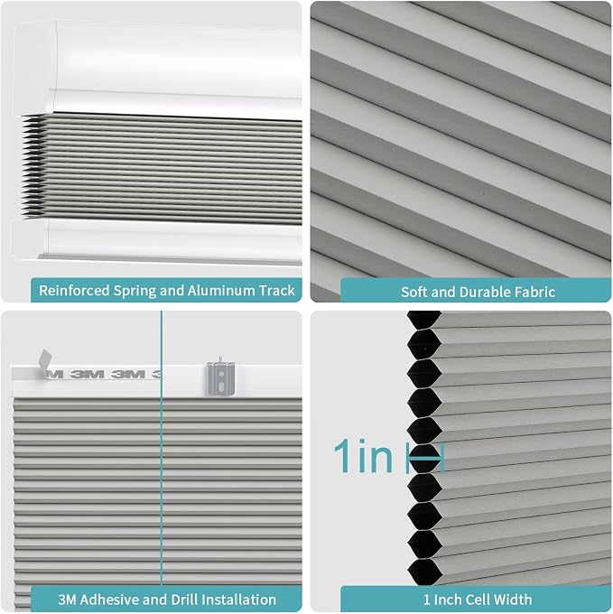 MYshade Custom Size Cellular Blinds for Indoor Windows Cordless Blackout Honeycomb Shades, No Tools, No Drill, Thermal Insulated, Noise Reduction, Room Darkening Window Blinds for Home, Grey
