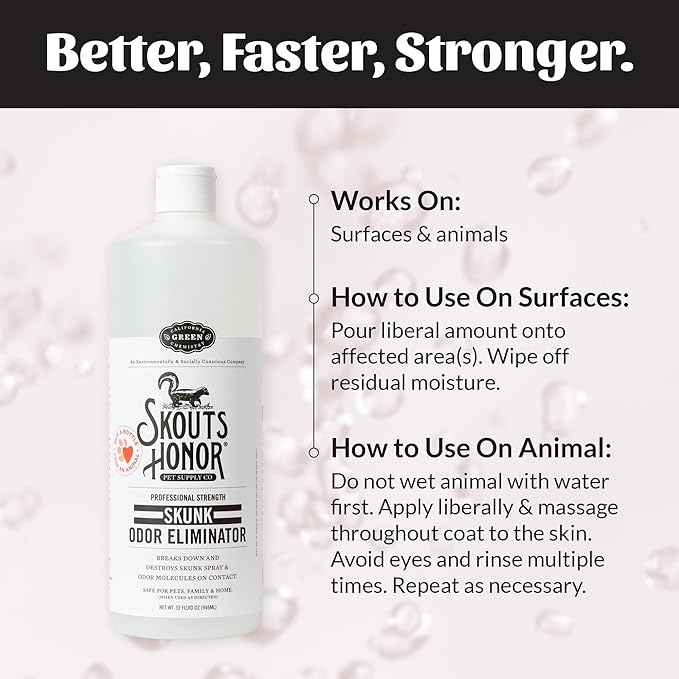 Skout's Honor Skunk Odor Eliminator for Pets, Indoor, and Outdoor Surfaces – Eliminate Skunk Spray Odor, Eco-Friendly, Cruelty-Free Solution for Pets and Surfaces, 32 oz