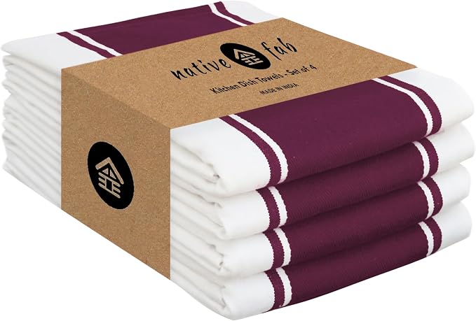 Native Fab Kitchen Towels 18x28 Inch, Set of 4, Wide Stripe, Super Absorbent, Quick Dry, Soft, 100% Cotton Dish Towels for Wiping Hands, Drying Dishes, Cleaning Dishcloths Set - Burgundy (Maroon)