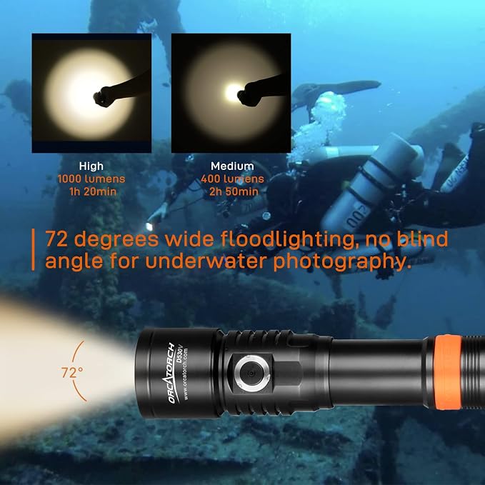 ORCATORCH D530V 1000 Lumen Scuba Dive Video Light 120 Degrees Wide Beam Angle, Underwater 150 Meters Diving Photography Light with Safety Lock Function Battery Power Indicator（5500K Warm White Light）