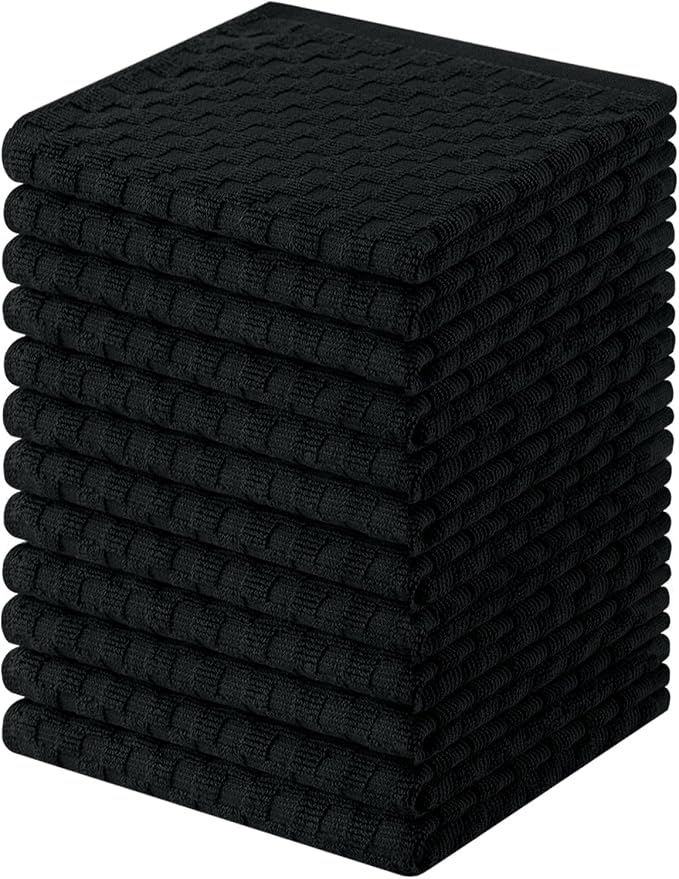 Homaxy 100% Cotton Terry Kitchen Dish Cloths, Ultra Soft Absorbent Dish Towels with Hanging Loop, Pineapple Grid Designed, 12 x 12 Inches, 12-Pack, Black
