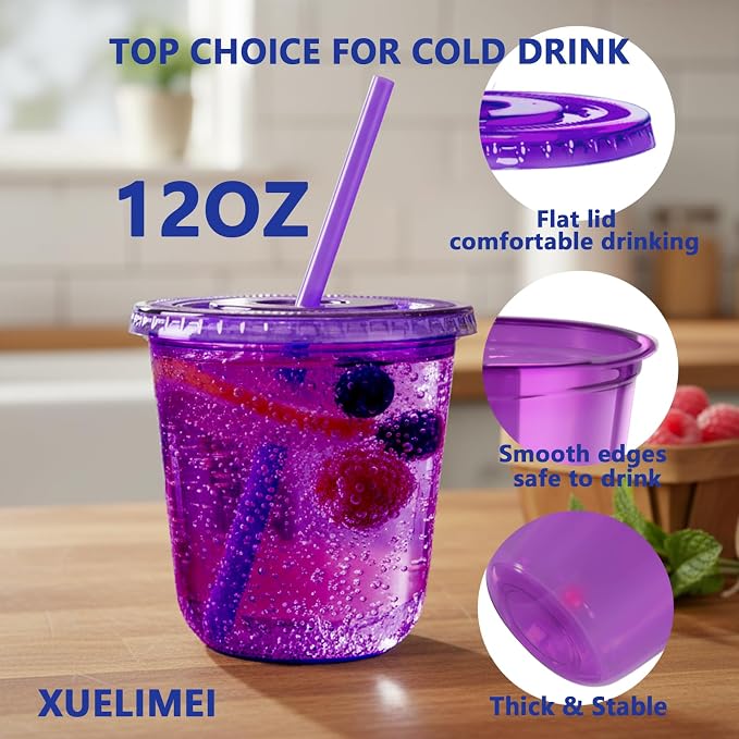 12oz Disposable Stemless Glasses with Flat Lids and Straws,PET Disposable Drinking Cups,Clear Plastic Wine Glasses for Parties Birthday,Wedding,Meeting,Christmas Party Supplies. (100, Purple)