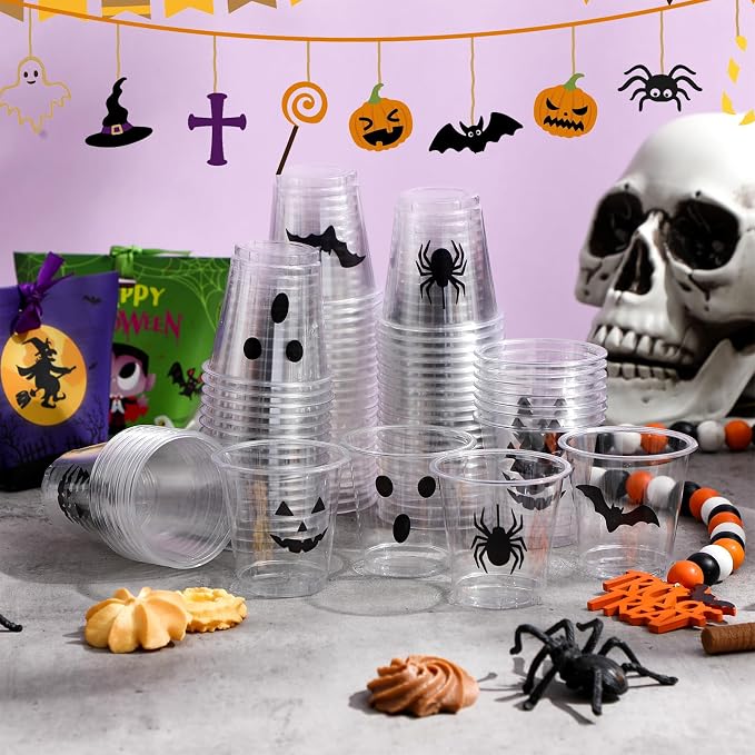 300 Pack 3 oz Halloween Plastic Shot Glasses Disposable Party Shot Cups Bulk Ghost Pumpkin Spider Bat Clear Mini Tasting Cups for Halloween Whiskey Party Favors Drinking Supplies