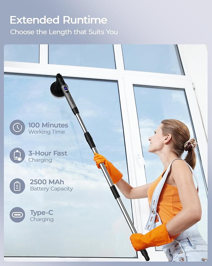 MayKing Electric Spin Scrubber with 9 Brush Heads, 3-Angle & 4-Length Adjustable Cordless Power Scrubber, 3-Speed & Battery LED Display, Electric Scrubber for Cleaning Bathroom Bathtub Floor Tiles