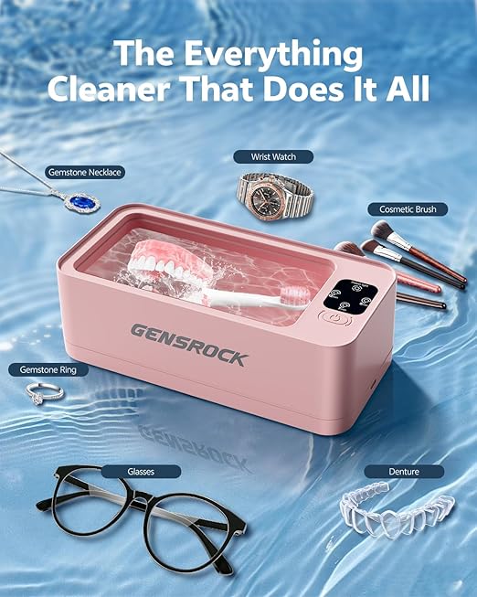 GENSROCK Ultrasonic Jewelry Cleaner, 48kHz Professional Silver Jewelry Cleaner & Diamond Ring Cleaner, 3 Modes, Scratch-Free 360ML Tank, Quiet Sonic Cleaner for Gold, Earrings, Glasses(Pink)