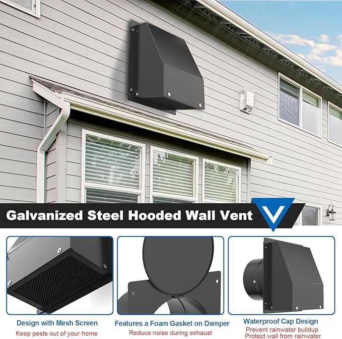 6 Inch Wall Vent with Screen and Damper, Galvanized Steel Hooded Wall Vent Cover Black Metal Exhaust Duct Cap Kit with Hose Clamp Aluminum Foil Tape Screw for Outdoor Laundry Room Kitchen Range Hood
