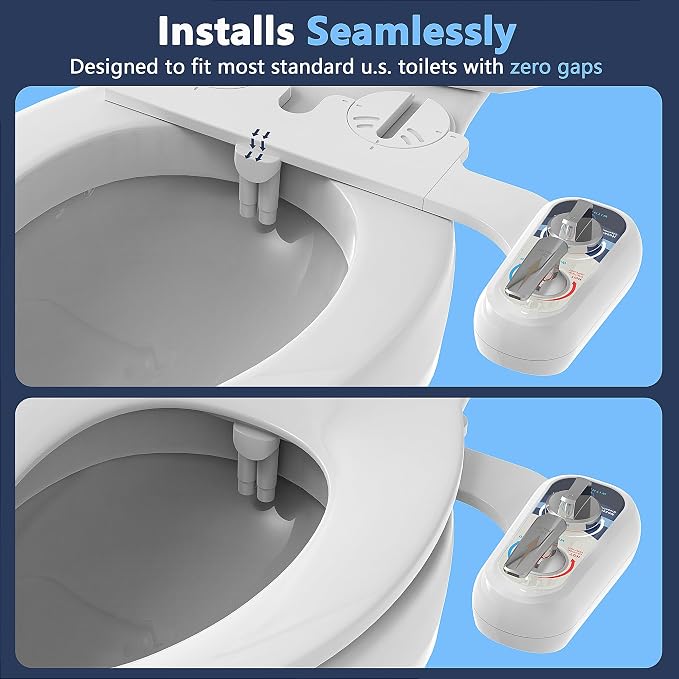 Left Handed Bidet Hot and Cold Water, Self-Cleaning, Dual Nozzle(Frontal & Rear Wash), Left Handed, Non-Electric Warm Water Bidet Attachment for Toilet Seat, Adjustable Water Pressure