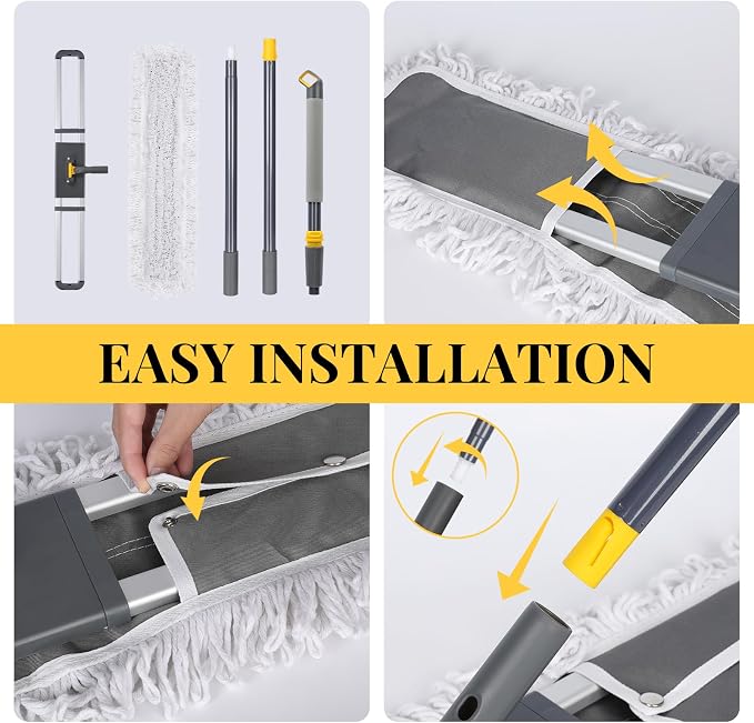 Masthome 24" Push Broom with Stiff Bristles,& 32'' Commercial Dust Mop, 60'' Adjustable Flat Mop with Long Handle, 1 Cotton & 2 Microfiber Mop Pads