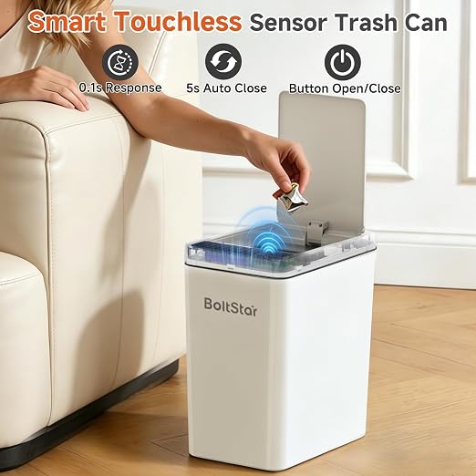 Solar Automatic Bathroom Trash Can: 2 Pack 2.6 Gallon Small Motion Sensor Garbage Can, No Charging Required, Slim Smart Touchless Trash Bin with Lid for Bedroom, Living Room, Office, RV, White