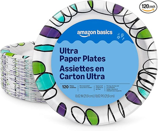 Amazon Basics Ultra Paper Plates, 8.62 Inch, Disposable, 120 Count, Packaging May Vary