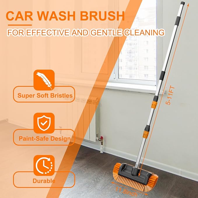 SISUPASSIE 12FT Car Wash Brush with Long Handle, 12-Inch Soft Bristle Car Cleaning Brush for Cleaning RV, Truck, Boat, Solar Panels, Orange