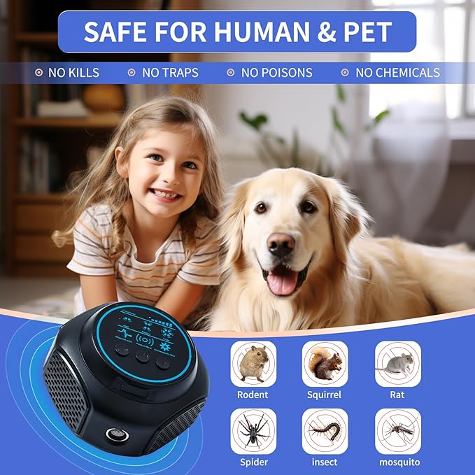 Ultrasonic Pest Repellent Plug in Upgraded High-Power, Mouse Rodent Repellent Insect Control for Rat Mice Squirrel Spider Bug Roach, Electronic Repelling Device with 3 Mode Switching (Black 1Pack)