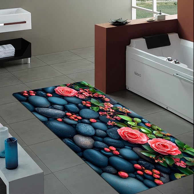 WODEJIA Non Slip Bath Rugs Sponge Foam for Bathroom,Flannel Mat Rug for Living Room, Absorbent MatS for Forlaundry Room and Kitchen,Cobblestone Red Flowers Welcome Mat 47x18 Inches
