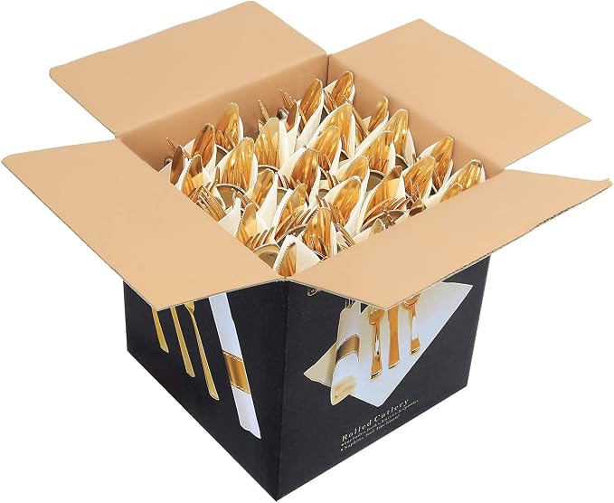 Supernal 30 Pack Pre Rolled Gold Plastic Silverware with Linen Feel Napkins, Heavy Duty Disposable Wrapped Cutlery Set for Weddings, Graduation Parties 2026, Upscale Catering & Events