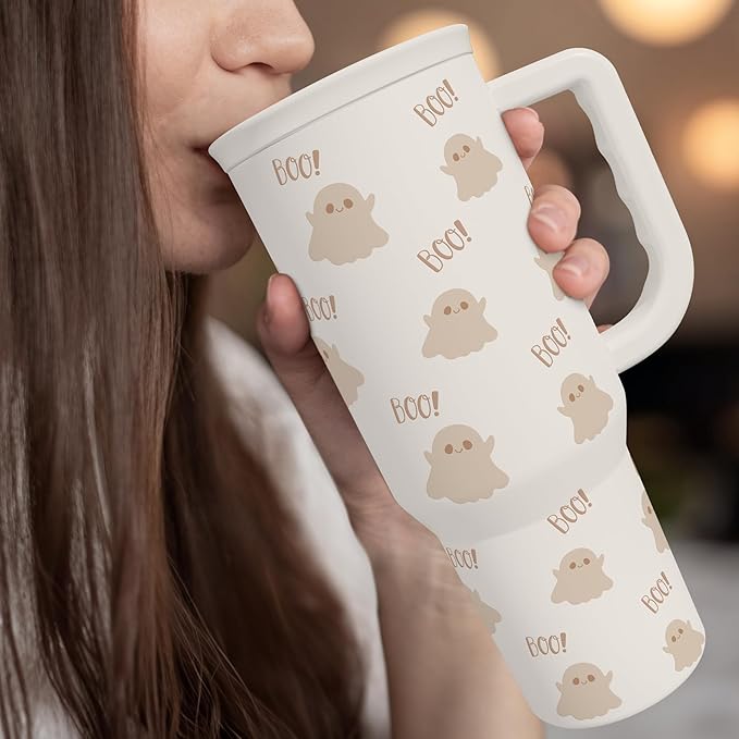 SANDJEST Boo Tumbler with Handle and Straw 40oz – Stainless Sleel Slider Tumbler Travel Coffee Mug for Women - Gift Idea for Fall Autumn Halloween Christmas