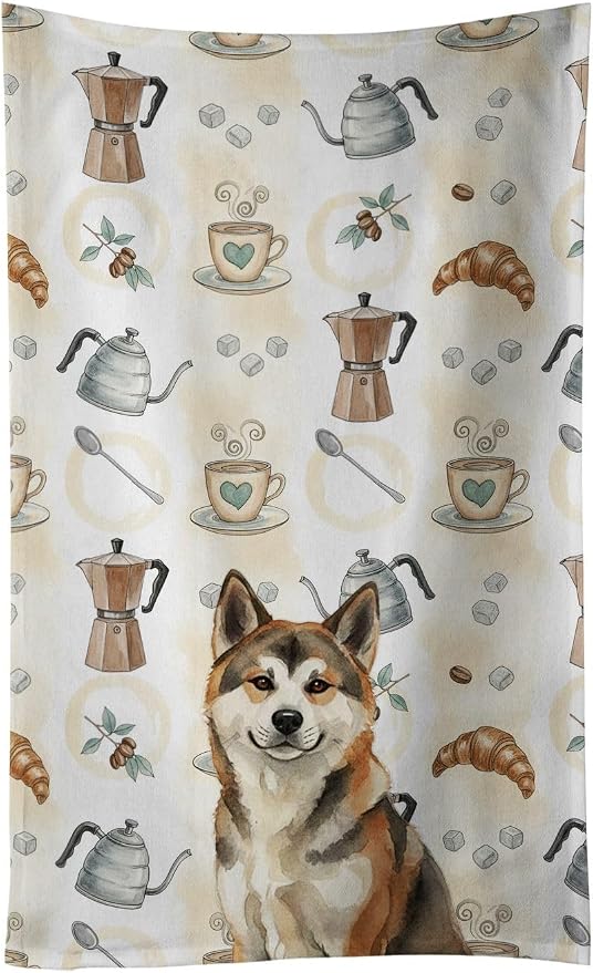 Caroline's Treasures Sesame Akita Coffee Bar Kitchen Towel Velour Plush Front and Cotton Loop Back Machine Washable