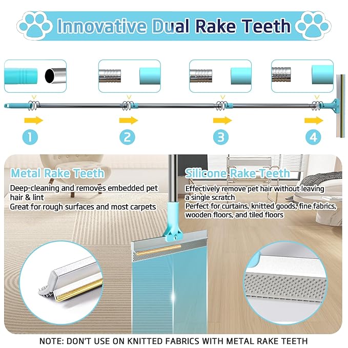 Pet Hair Remover for Carpet, Carpet Rake for Pet Hair Removal with 54" Adjustable Handle, Reusable Dog Hair Remover Broom with Copper Teeth & TPU Brush for Rugs, Couch, Mats and Pet Beds
