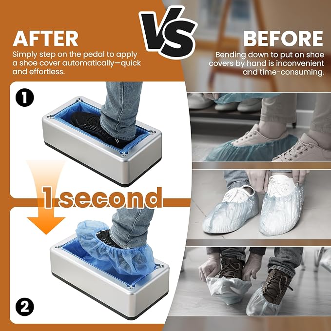 Automatic Shoe Cover Dispenser with 100 Non-Woven Shoe Covers, Hands-Free Design for Home, Office & Laboratory, Durable Silver Machine Keeps Floors Clean, Shoe Cover Machine