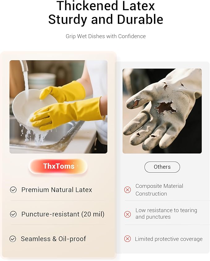ThxToms Heavy Duty Rubber Cleaning Gloves, Reusable Dishwashing Gloves for Kitchen, Gardening, Pet Care - 20 Mil Extra Thick
