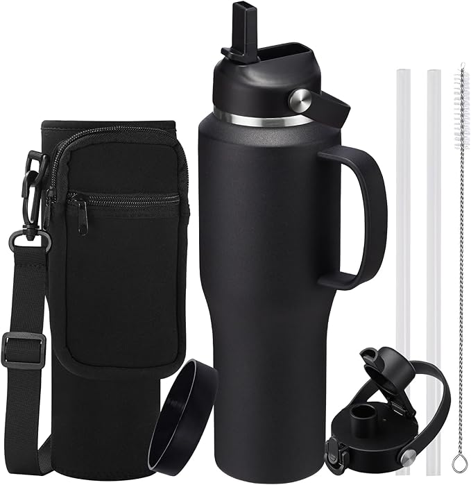 Stainless Steel Water Bottles 40oz - Insulated Water Bottle with Straw, Strap Carrier Bag & Protective Boot, Tumbler with Handle for Car, Office, Gym
