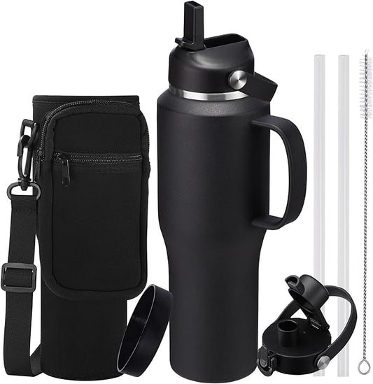 Stainless Steel Water Bottles 40oz - Insulated Water Bottle with Straw, Strap Carrier Bag & Protective Boot, Tumbler with Handle for Car, Office, Gym