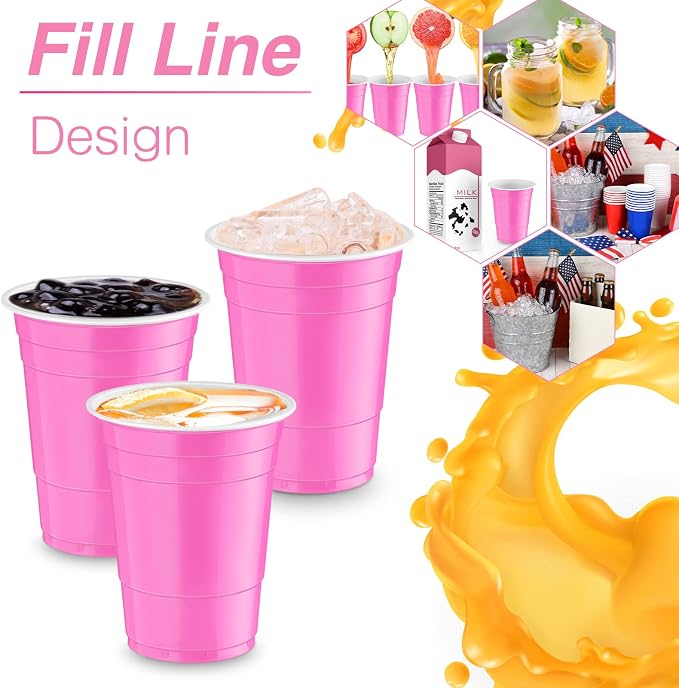 Lounsweer 100 Pcs 16 oz Disposable Party Cups Plastic Heavy Duty Drinking Water Cups for Birthday Baby Shower Wedding BBQ Picnic Party Supplies(Pink)