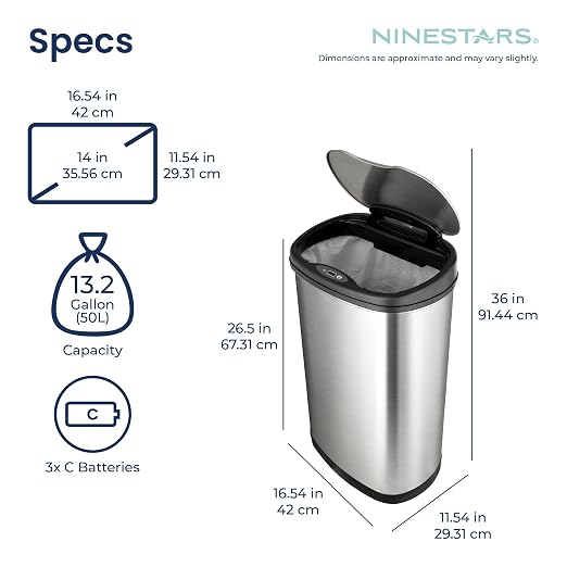 Ninestars 13 Gallon Oval Automatic Trash Can, 50L Touchless Motion Sensor Garbage Can with Odor-Sealing Lid & One-Touch Manual Mode, Silver Stainless Steel, Black Trim