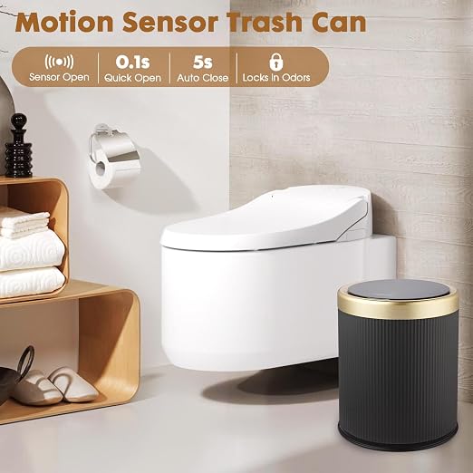 Smart Bathroom Trash Can Garbage Can with Lid, 2.8 Gallon Motion Sensor Trash Bin for Bathroom, Kitchen, Small Mini Trash Cans Black Automatic Diaper Trash Can-Dark Gray